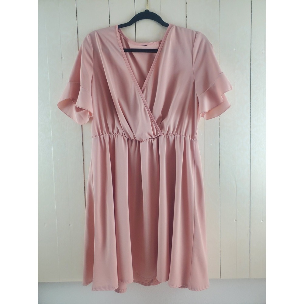 Pink Ruffle Sleeve Wrap V-Neck‎ Elastic Waist Knee Length Lightweight Dress